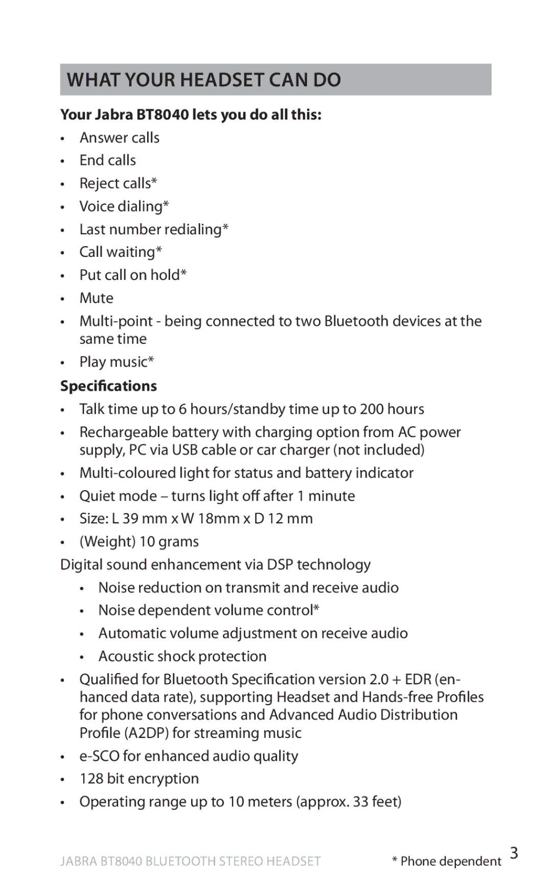 Lennox Hearth warranty What your headset can do, Your Jabra BT8040 lets you do all this, Specifications 