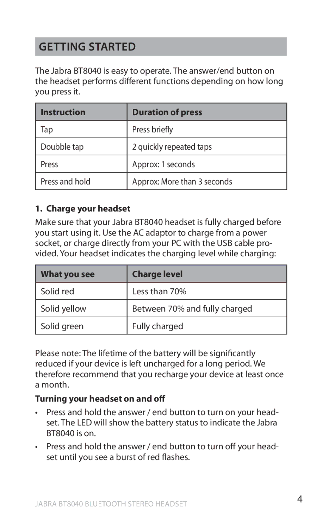 Lennox Hearth BT8040 warranty Instruction Duration of press, Charge your headset, What you see Charge level 