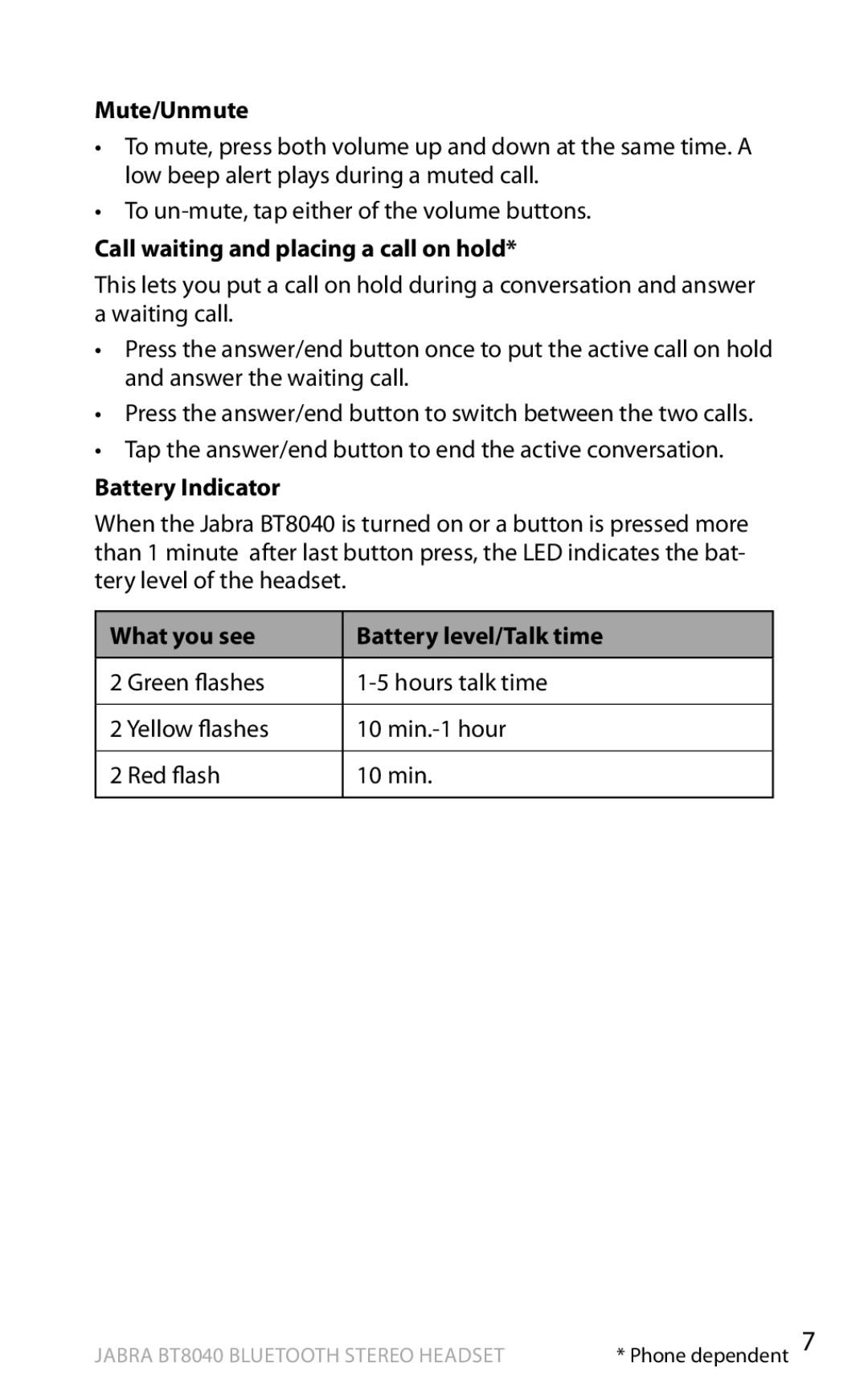 Lennox Hearth BT8040 warranty Mute/Unmute, Call waiting and placing a call on hold, Battery Indicator 