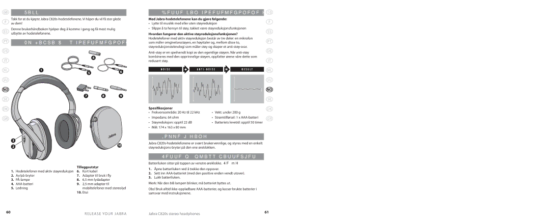 Lennox Hearth C820S user manual Takk, Dette kan hodetelefonene gjøre, Komme i gang, Sette på plass batteriet 