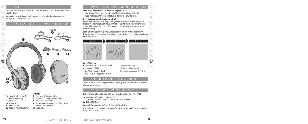 Lennox Hearth C820S user manual Tak, Hvad kan hovedtelefonerne?, Sådan kommer du i gang, Isætning af batteriet 