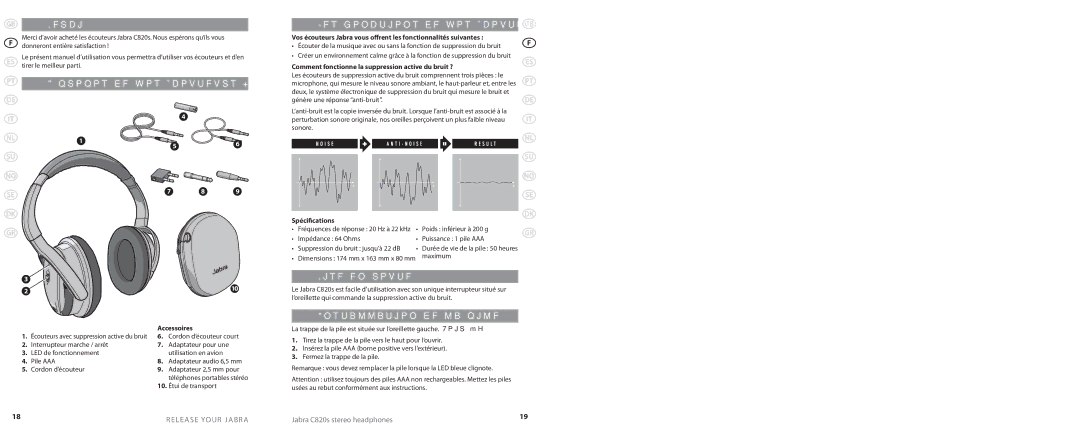 Lennox Hearth C820S user manual Merci, Les fonctions de vos écouteurs, Mise en route, Installation de la pile 