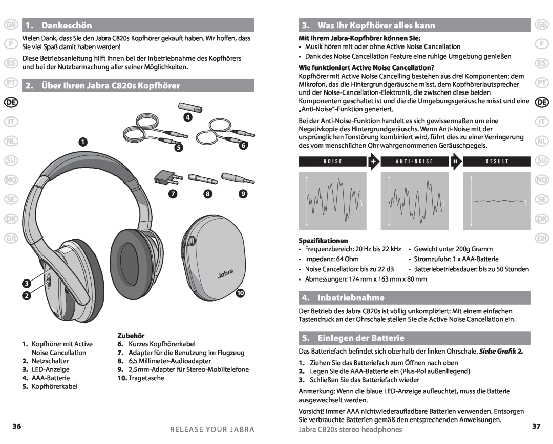 Lennox Hearth C820S user manual Dankeschön, Was Ihr Kopfhörer alles kann, Inbetriebnahme, Einlegen der Batterie, Dk Gr 