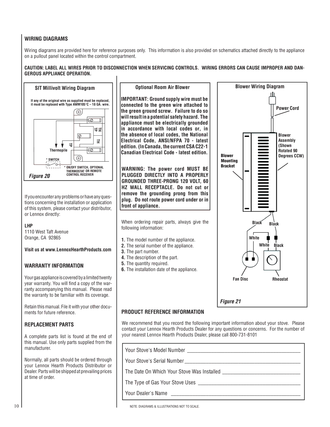 Lennox Hearth CI2500DVF, CI1500DVF Wiring Diagrams, Warranty Information, Product Reference Information, Replacement Parts 