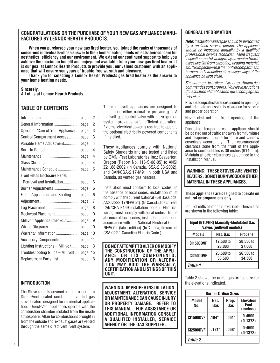 Lennox Hearth CI2500DVF, CI1500DVF manual Table of Contents 