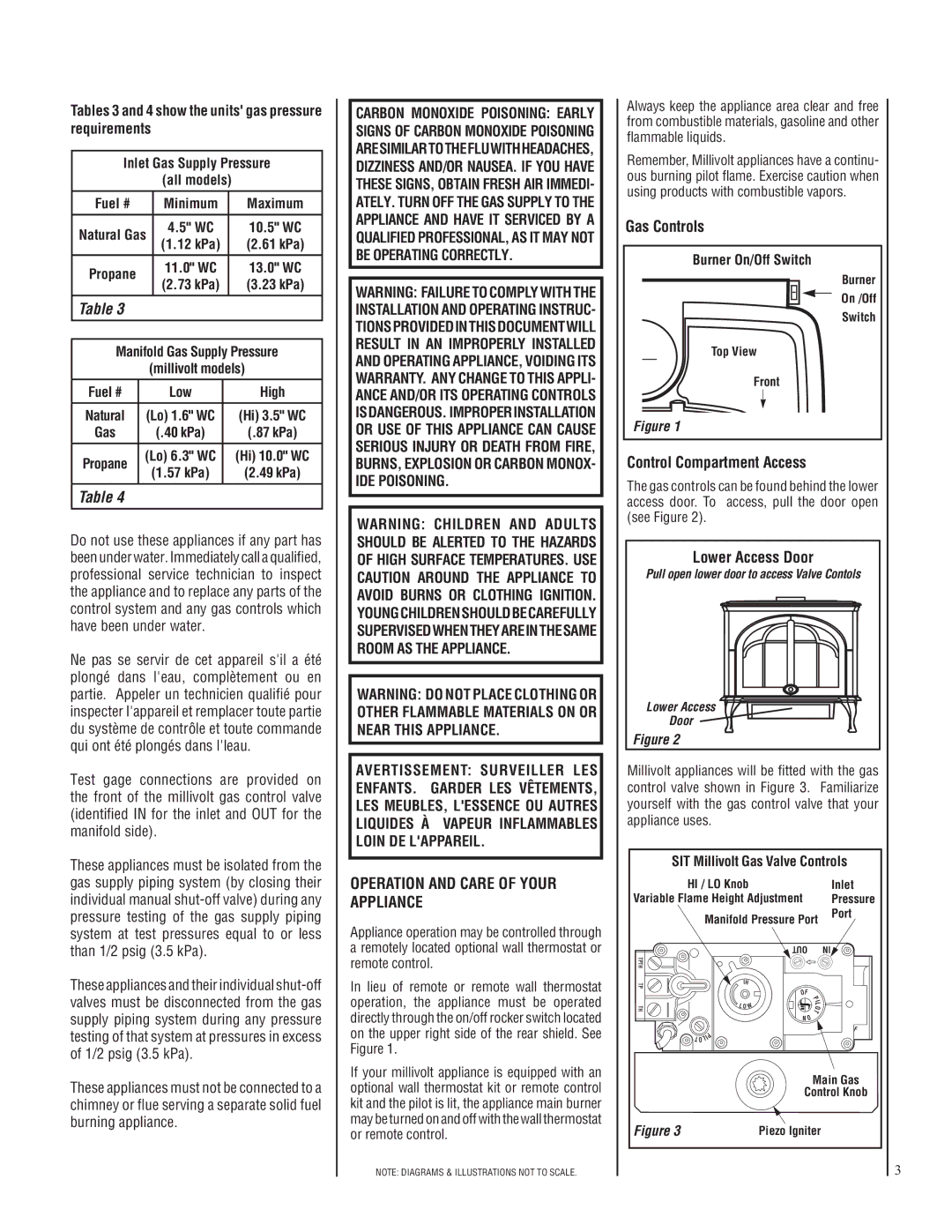 Lennox Hearth CI1500DVF Tables 3 and 4 show the units gas pressure requirements, Operation and Care of Your Appliance 