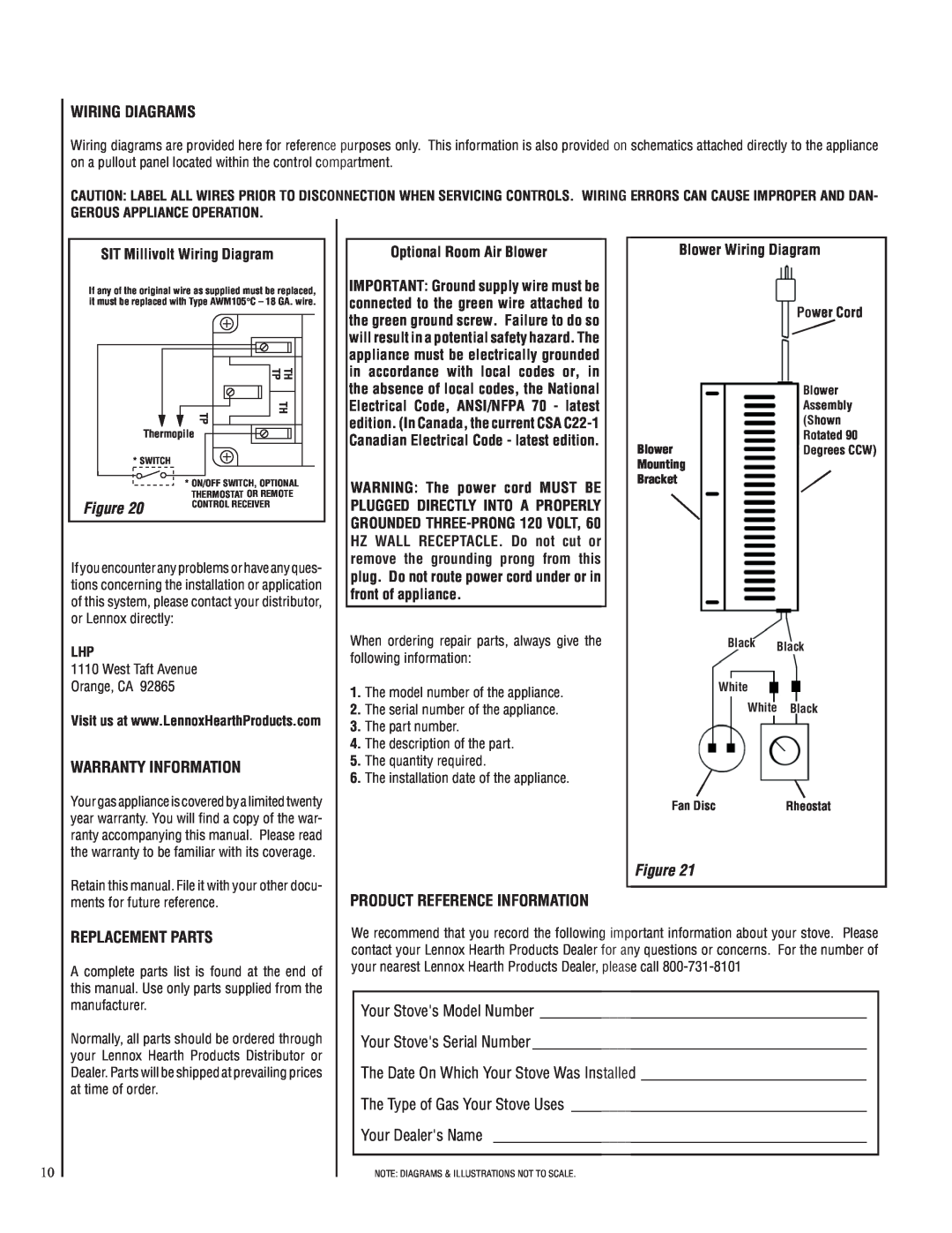 Lennox Hearth CI2500DVF Wiring Diagrams, SIT Millivolt Wiring Diagram, Warranty Information, Optional Room Air Blower 