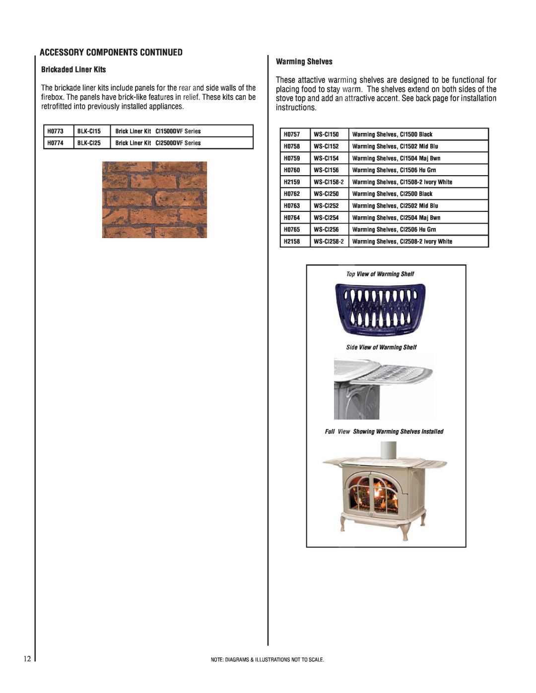 Lennox Hearth CI2500DVF Accessory Components Continued, Brickaded Liner Kits, Warming Shelves, Top View of Warming Shelf 