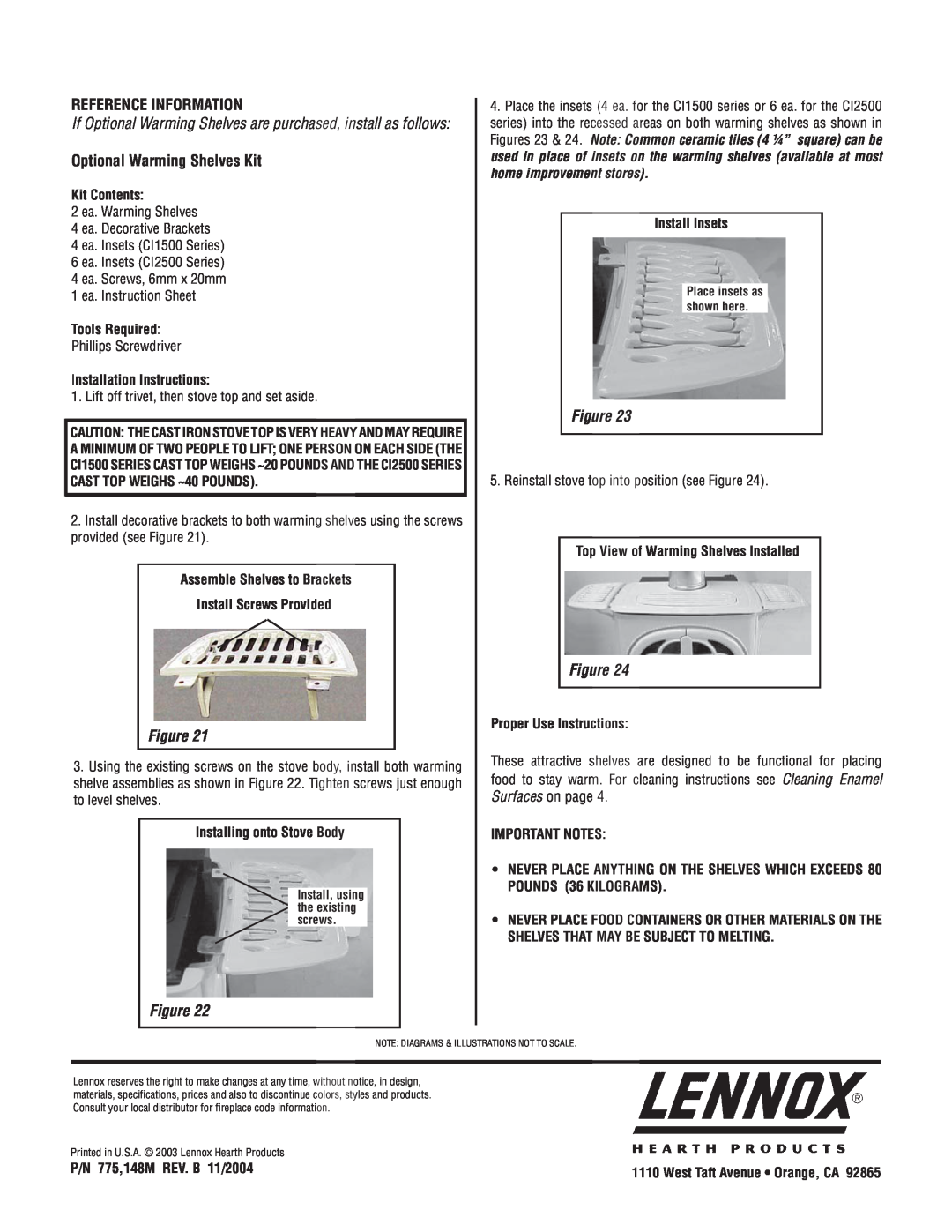 Lennox Hearth CI2500DVF, CI1500DVF manual Reference Information, Optional Warming Shelves Kit 