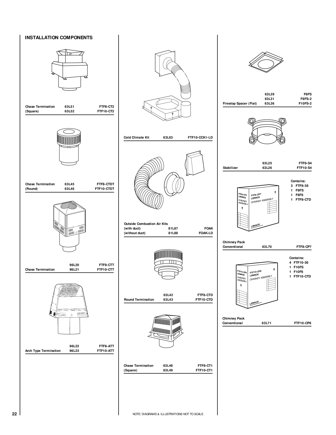 Lennox Hearth CR-3835R Chase Termination 63L51, Square 63L52, Cold Climate Kit 63L63, 63L29, 63L31 F8FS-2, Round 63L46 