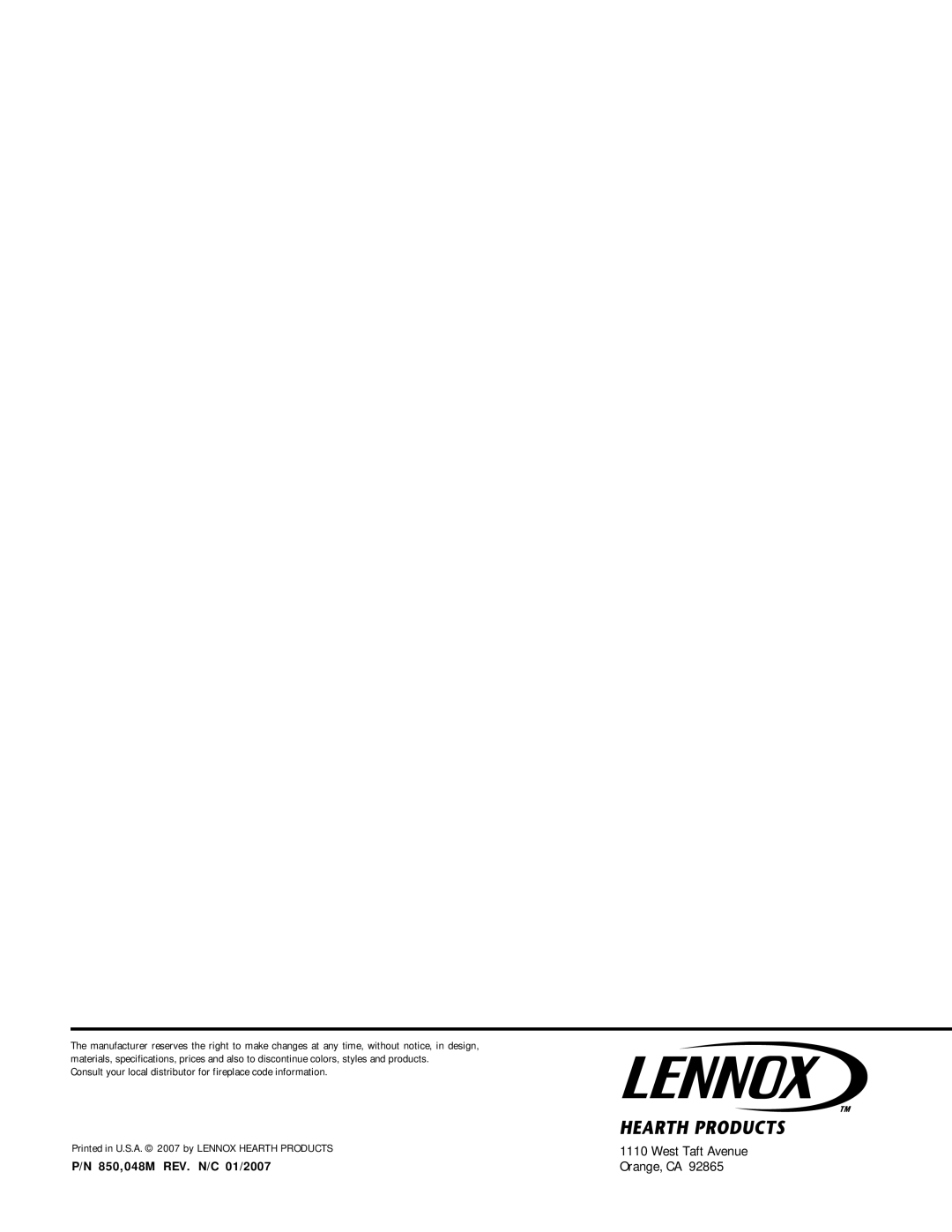 Lennox Hearth CR-3835R installation instructions 850,048M REV. N/C 01/2007, Orange, CA 