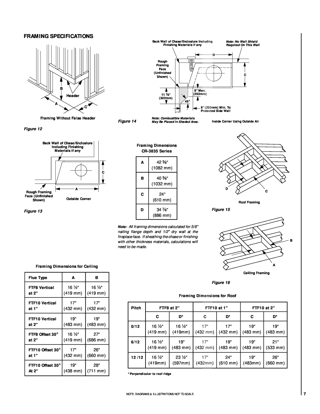 Lennox Hearth CR-3835R Framing Specifications, Framing Dimensions for Ceiling, Framing Dimensions CR-3835Series, Flue Type 