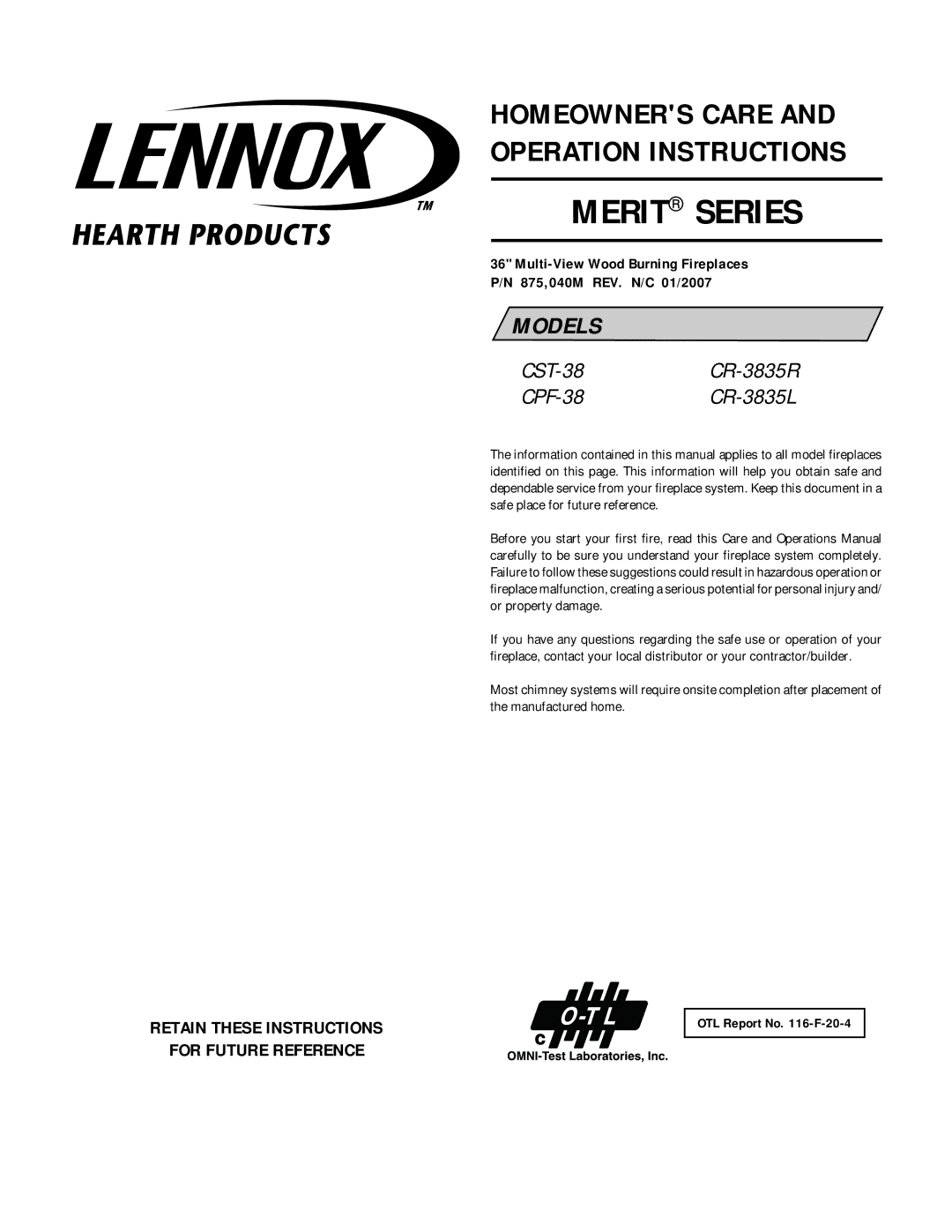 Lennox Hearth CPF-38, CST-38, CR-3835L manual Merit Series, Retain These Instructions For Future Reference 