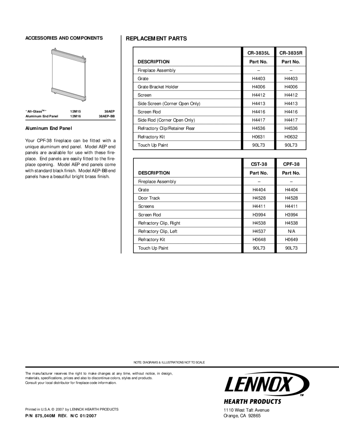 Lennox Hearth manual Replacement Parts, Aluminum End Panel, CR-3835L CR-3835R, Description, CST-38 CPF-38 