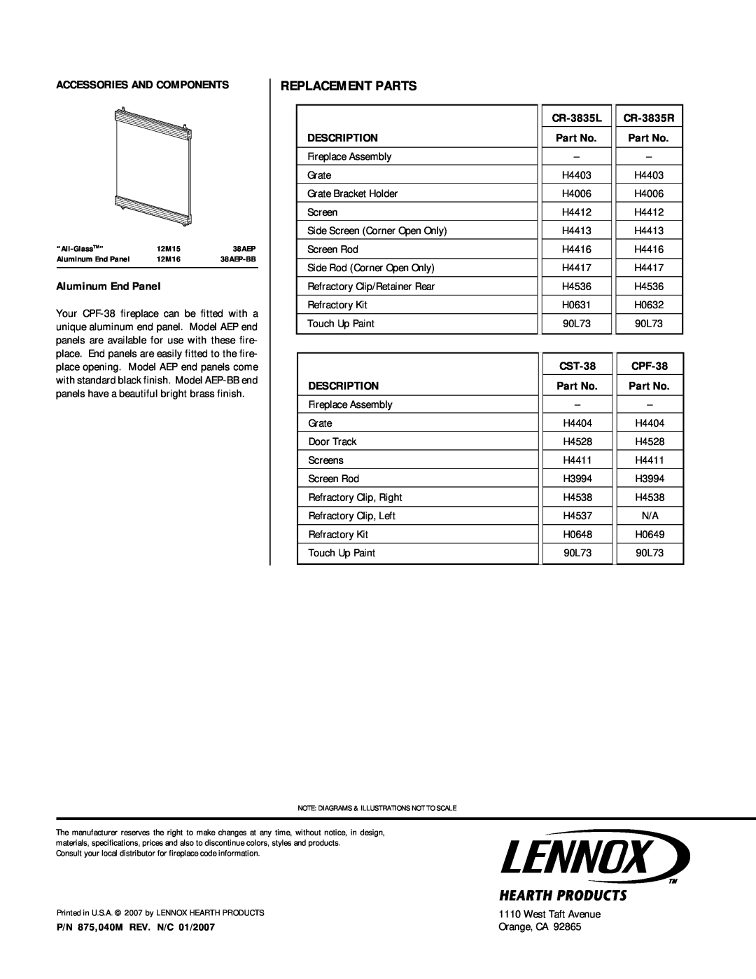 Lennox Hearth CR-3835L manual Replacement Parts, Aluminum End Panel, CR-3835R, Description, CST-38, CPF-38 