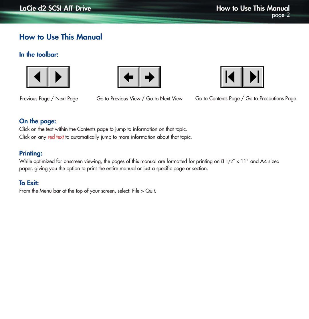 Lennox Hearth D2 warranty LaCie d2 Scsi AIT Drive How to Use This Manual, Toolbar, Printing, To Exit 