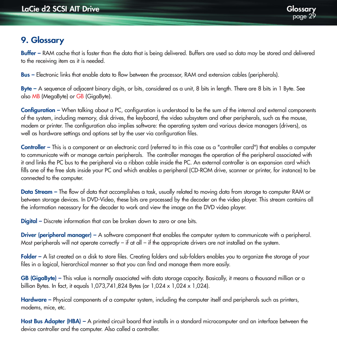 Lennox Hearth D2 warranty LaCie d2 Scsi AIT Drive Glossary 