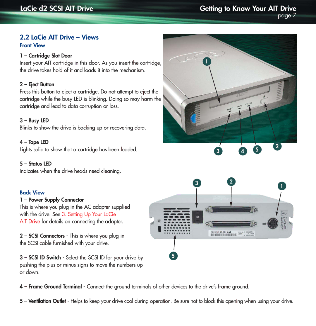 Lennox Hearth D2 warranty LaCie d2 Scsi AIT Drive, Getting to Know Your AIT Drive, LaCie AIT Drive Views 