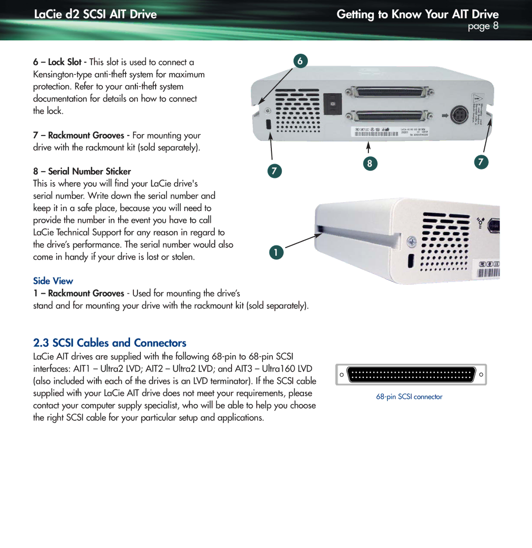 Lennox Hearth D2 warranty LaCie d2 Scsi AIT Drive Getting to Know Your AIT Drive, Scsi Cables and Connectors 