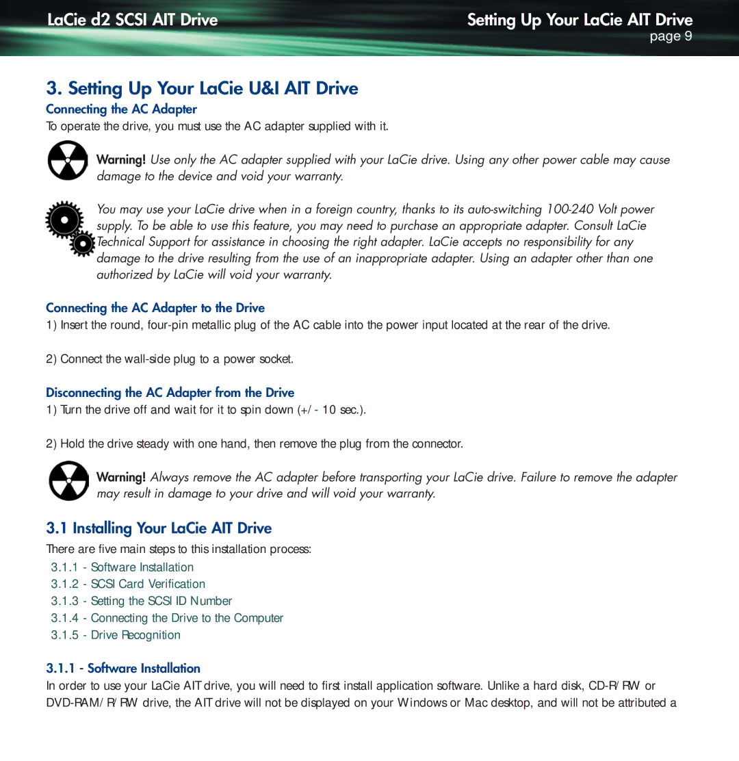 Lennox Hearth D2 warranty Setting Up Your LaCie U&I AIT Drive, LaCie d2 Scsi AIT Drive Setting Up Your LaCie AIT Drive 