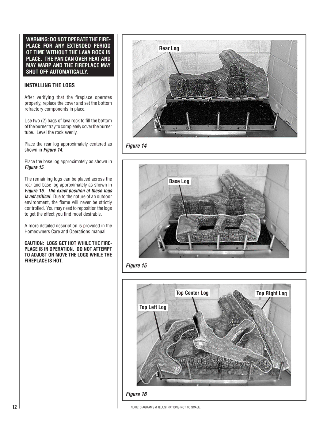 Lennox Hearth E42ODGNE-H, E36ODGNE, E36ODGPE-H Installing the logs, Rear Log Base Log, Top Left Log, Top Right Log 