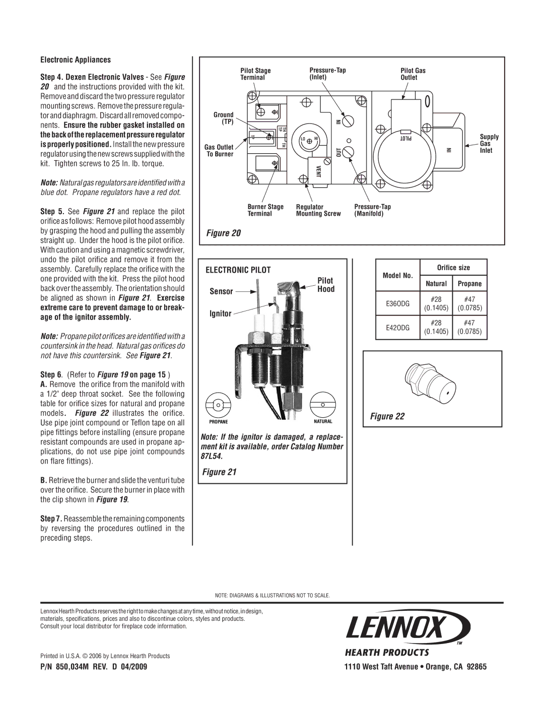 Lennox Hearth E42ODGNE-H, E36ODGNE, E36ODGPE-H Electronic Appliances, Refer to on, ELECtrONIC PILOt Pilot Sensor, Ignitor 