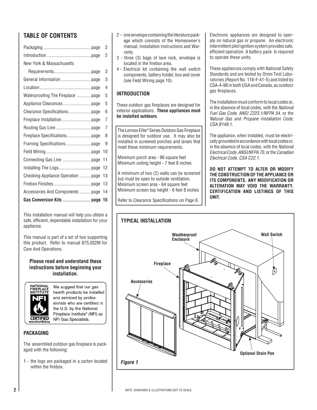 Lennox Hearth E42ODGNE-H, E36ODGPE-H, E42ODGPE-H, E36ODGNE-H installation instructions Table of Contents 