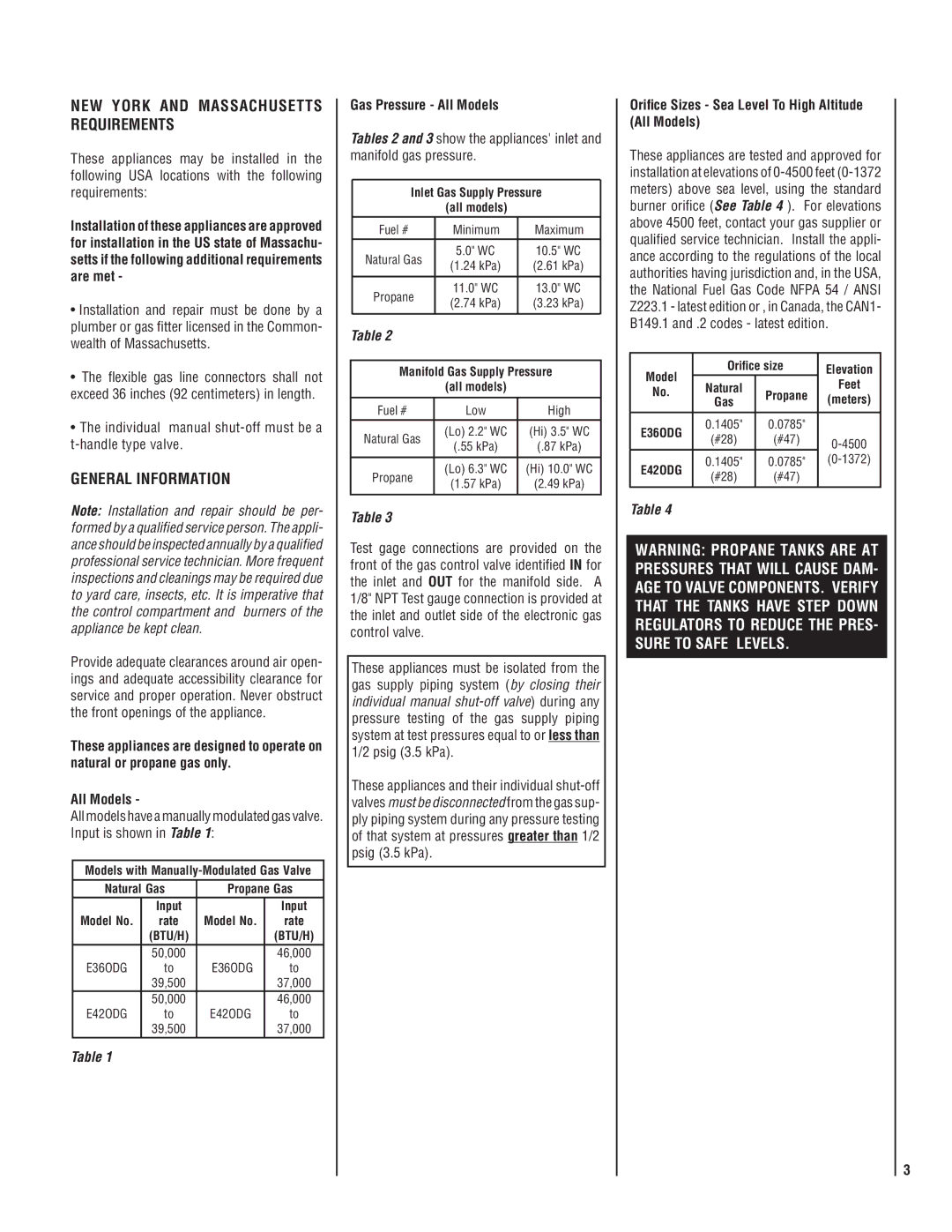 Lennox Hearth E36ODGPE-H New York and Massachusetts requirements, General Information, Gas Pressure All Models 