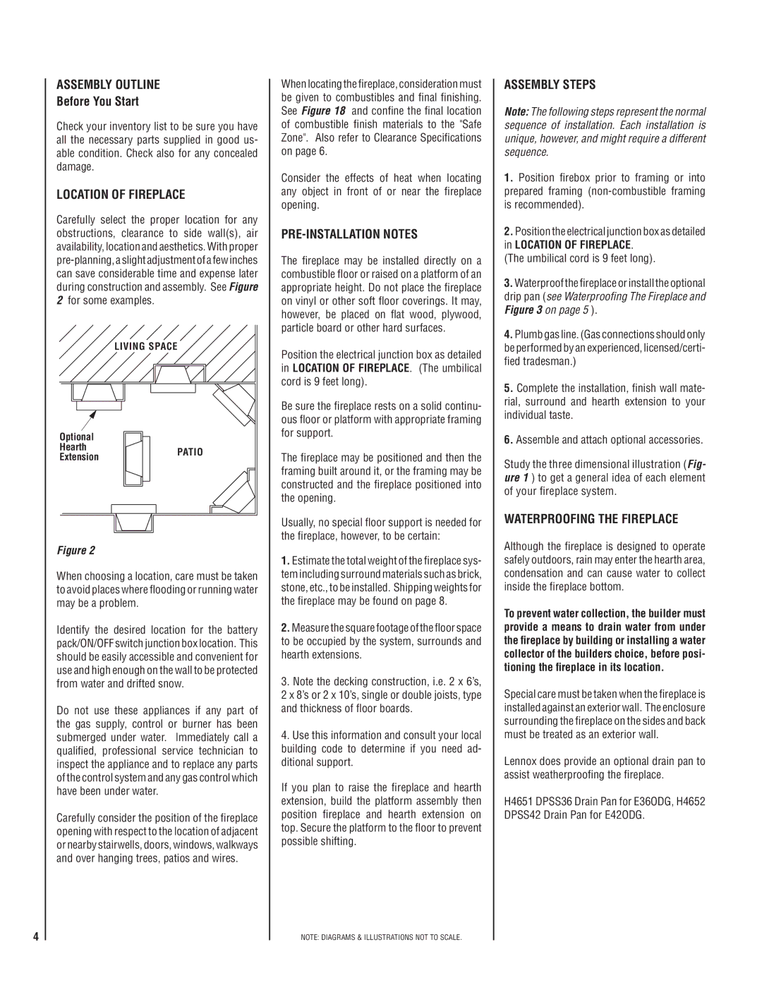 Lennox Hearth E36ODGPE Assembly outline Before You Start, Location of fireplace, Pre-installation notes, Assembly steps 