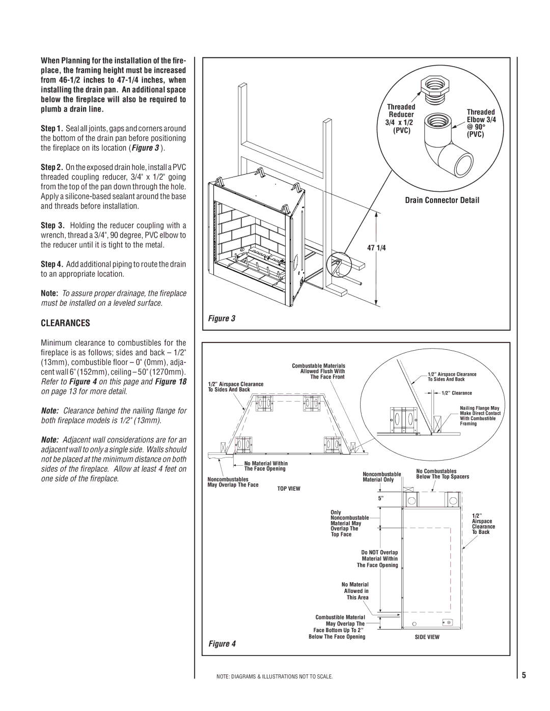 Lennox Hearth E42ODGPE-H, E42ODGNE-H, E36ODGPE-H, E36ODGNE-H Clearances, Drain Connector detail, X /2, 47 /4 