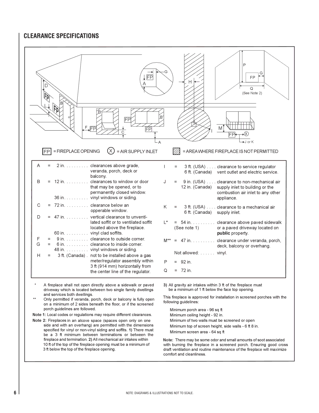 Lennox Hearth E42ODGNE-H, E36ODGPE-H, E42ODGPE-H, E36ODGNE-H installation instructions Clearance specifications 