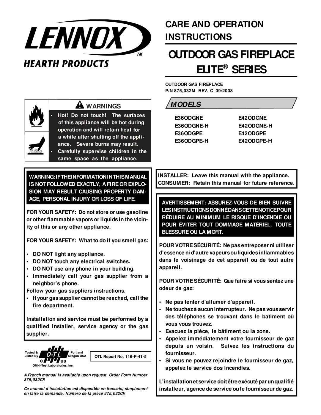 Lennox Hearth E42ODGNE-H, E36ODGNE manual Outdoor GAS Fireplace, 875,032M REV. C 09/2008, OTL Report No -F-41-5 