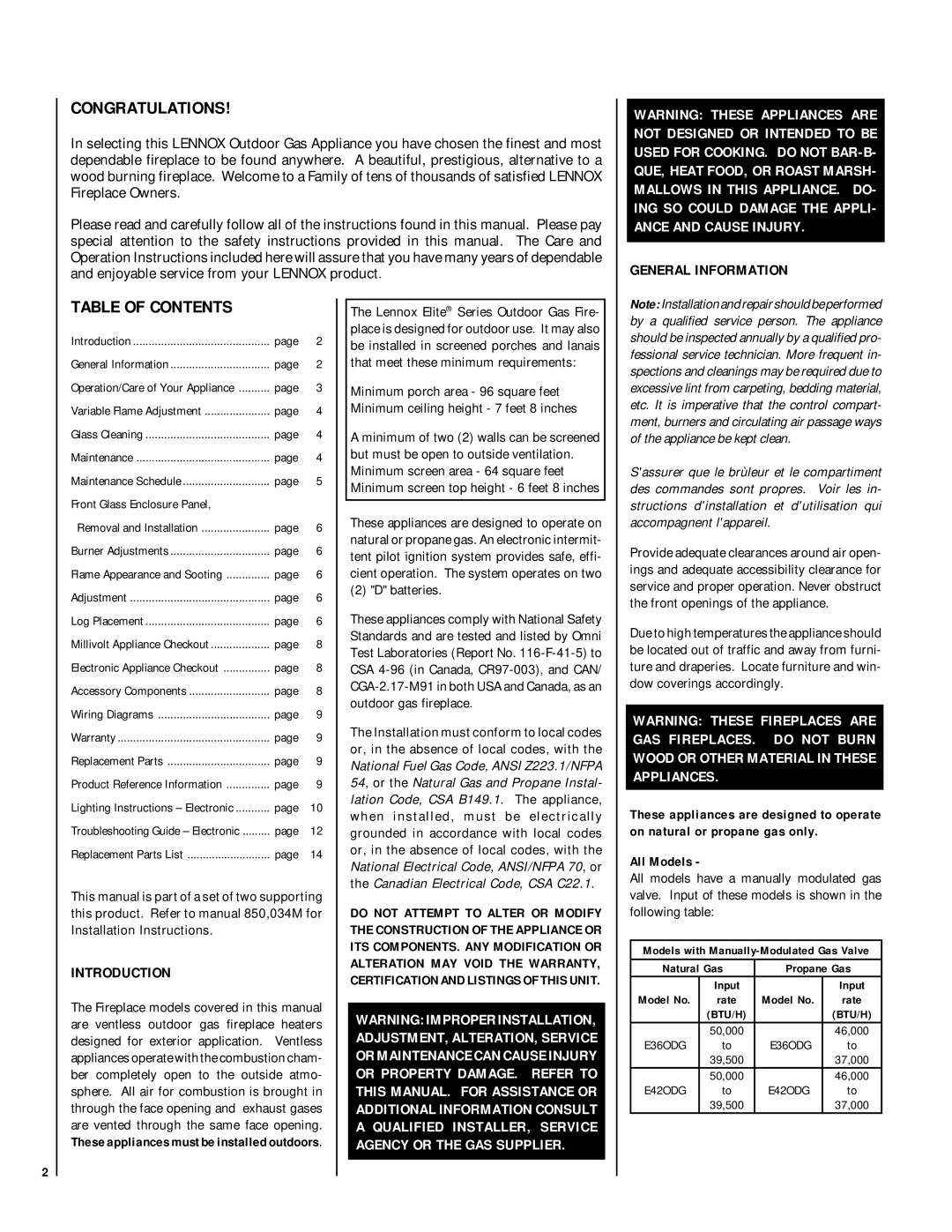 Lennox Hearth E42ODGNE-H, E36ODGPE-H, E42ODGPE-H, E36ODGNE-H manual Congratulations, Table of Contents 