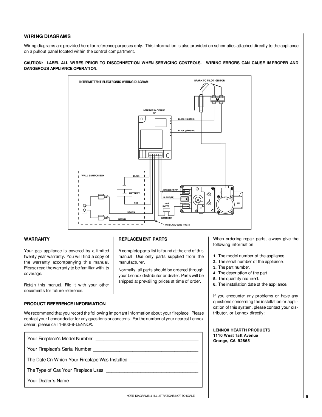 Lennox Hearth E42ODGNE-H manual Warranty, Replacement Parts, Product Reference Information, West Taft Avenue Orange, CA 