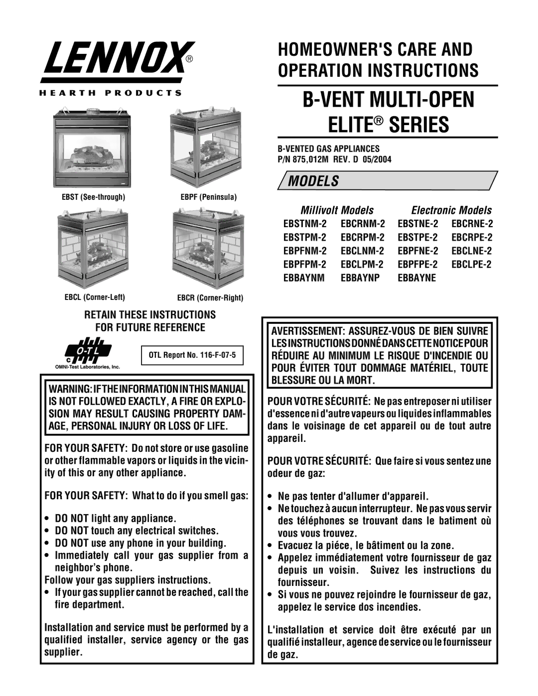 Lennox Hearth EBSTNM-2, EBSTPM-2 manual Retain These Instructions For Future Reference 