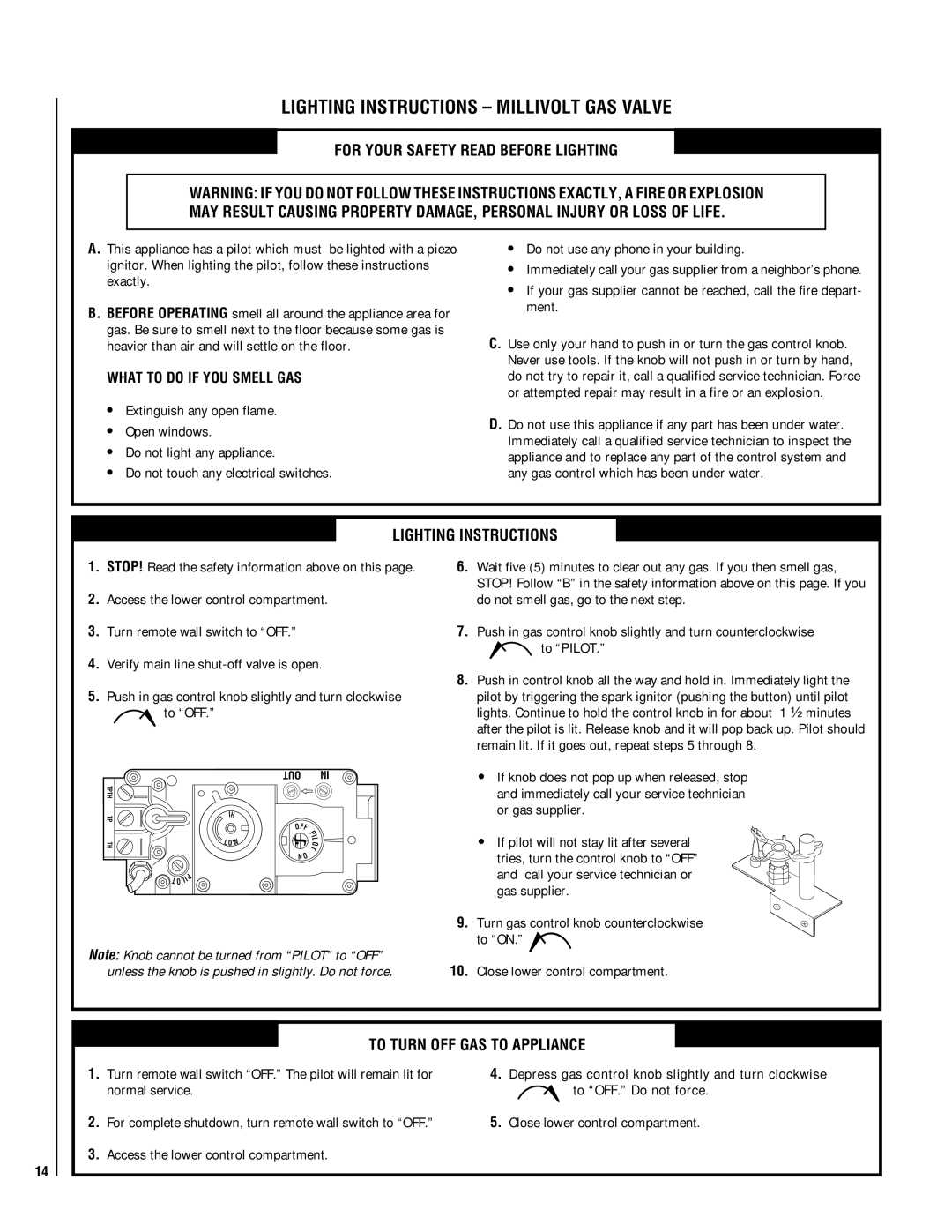 Lennox Hearth EBSTPM-2, EBSTNM-2 manual Lighting Instructions Millivolt GAS Valve, To Turn OFF GAS to Appliance 