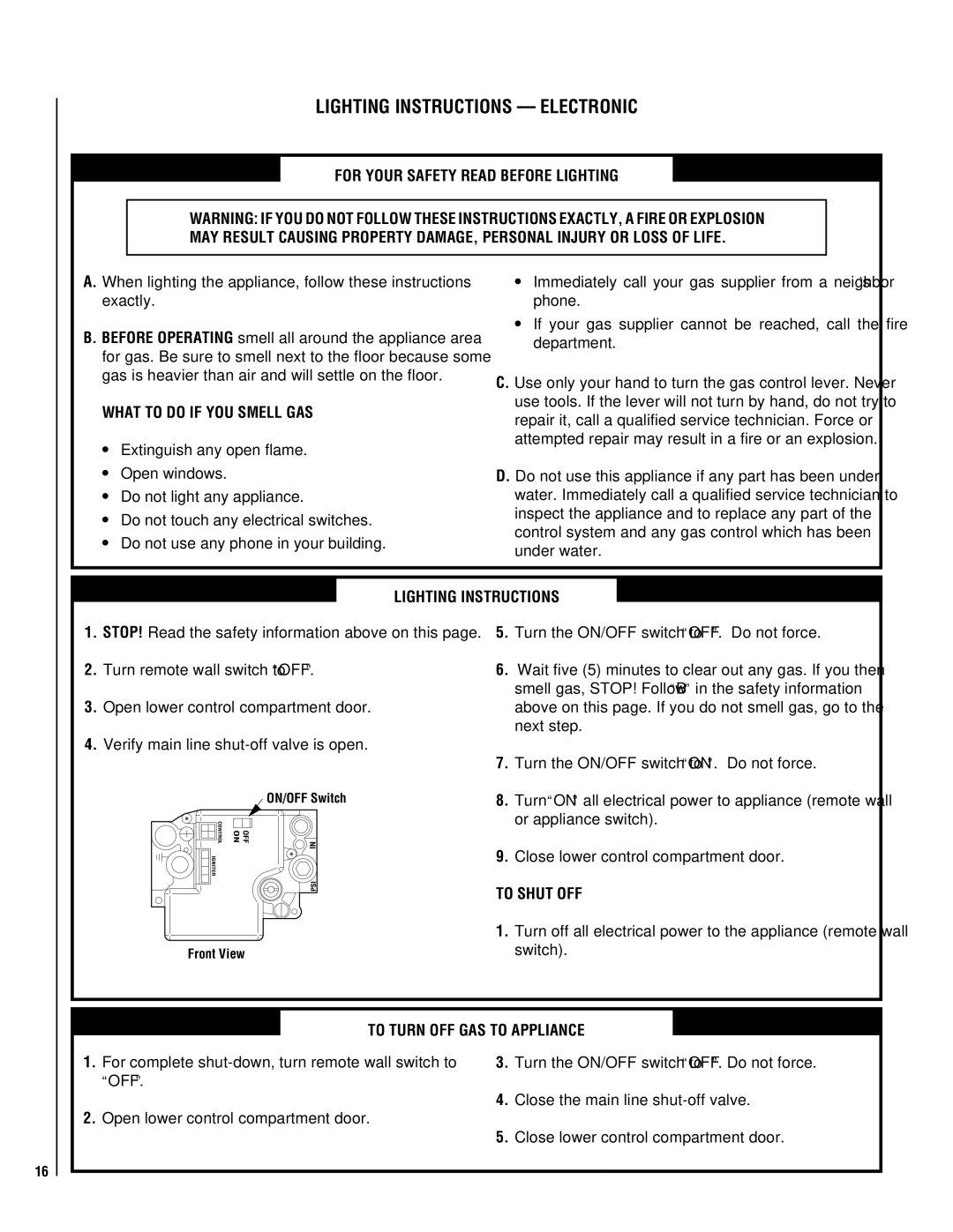 Lennox Hearth EBSTPM-2, EBSTNM-2 Lighting Instructions Electronic, What to do if YOU Smell GAS, To Shut OFF, Front View 