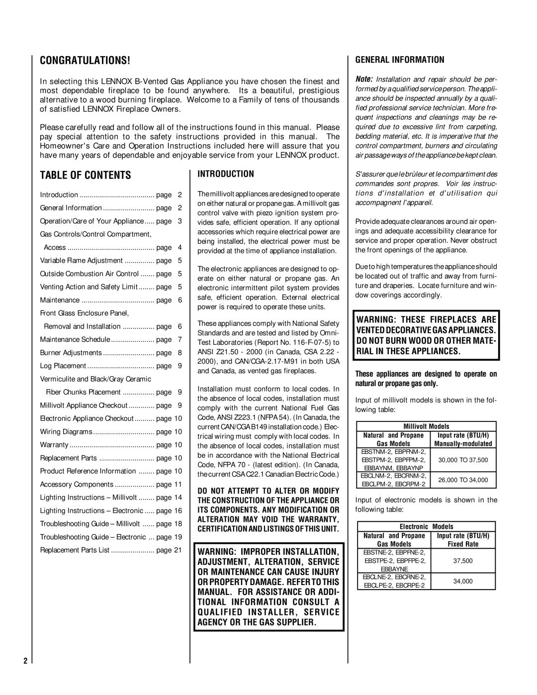 Lennox Hearth EBSTPM-2, EBSTNM-2 manual Congratulations, Table of Contents 