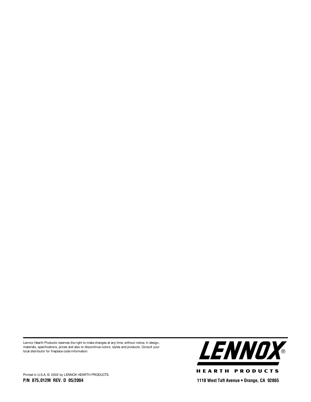 Lennox Hearth EBSTPM-2, EBSTNM-2 manual 875,012M REV. D 05/2004 