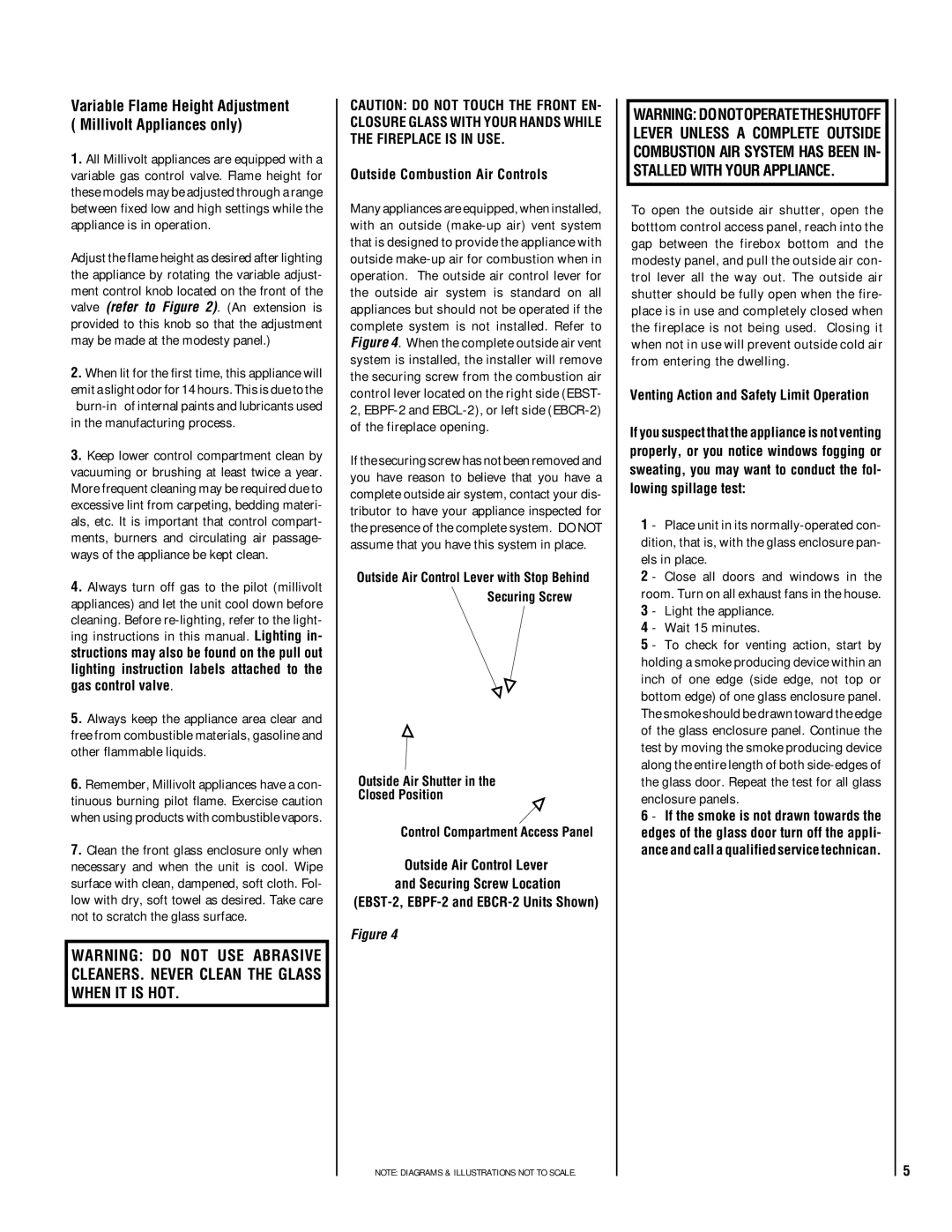 Lennox Hearth EBSTNM-2 manual Variable Flame Height Adjustment Millivolt Appliances only, Outside Combustion Air Controls 