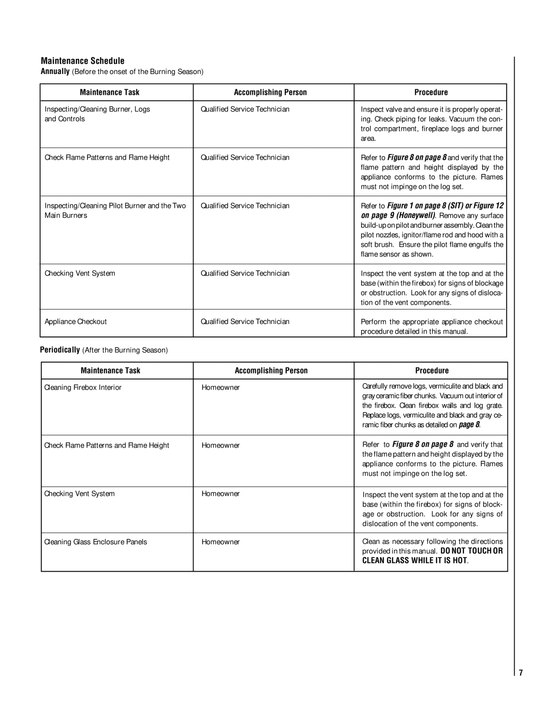Lennox Hearth EBSTNM-2 Maintenance Schedule, Maintenance Task Accomplishing Person Procedure, Clean Glass While IT is HOT 