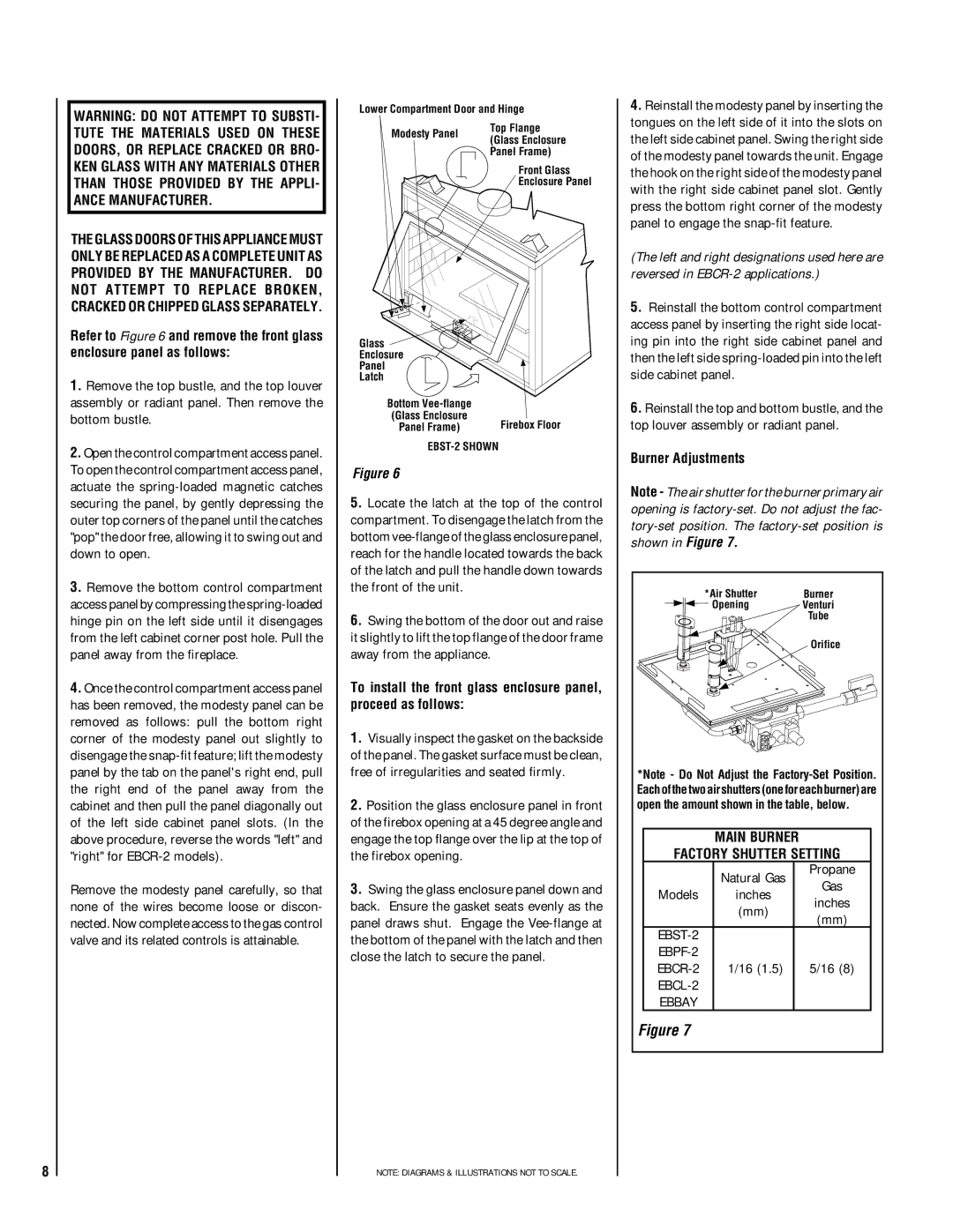 Lennox Hearth EBSTPM-2, EBSTNM-2 manual Burner Adjustments, Main Burner Factory Shutter Setting, Propane, Models 