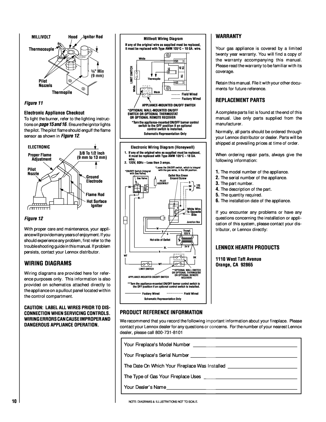 Lennox Hearth EBSTPM-2 Wiring Diagrams, Warranty, Replacement Parts, Lennox Hearth Products, Product Reference Information 
