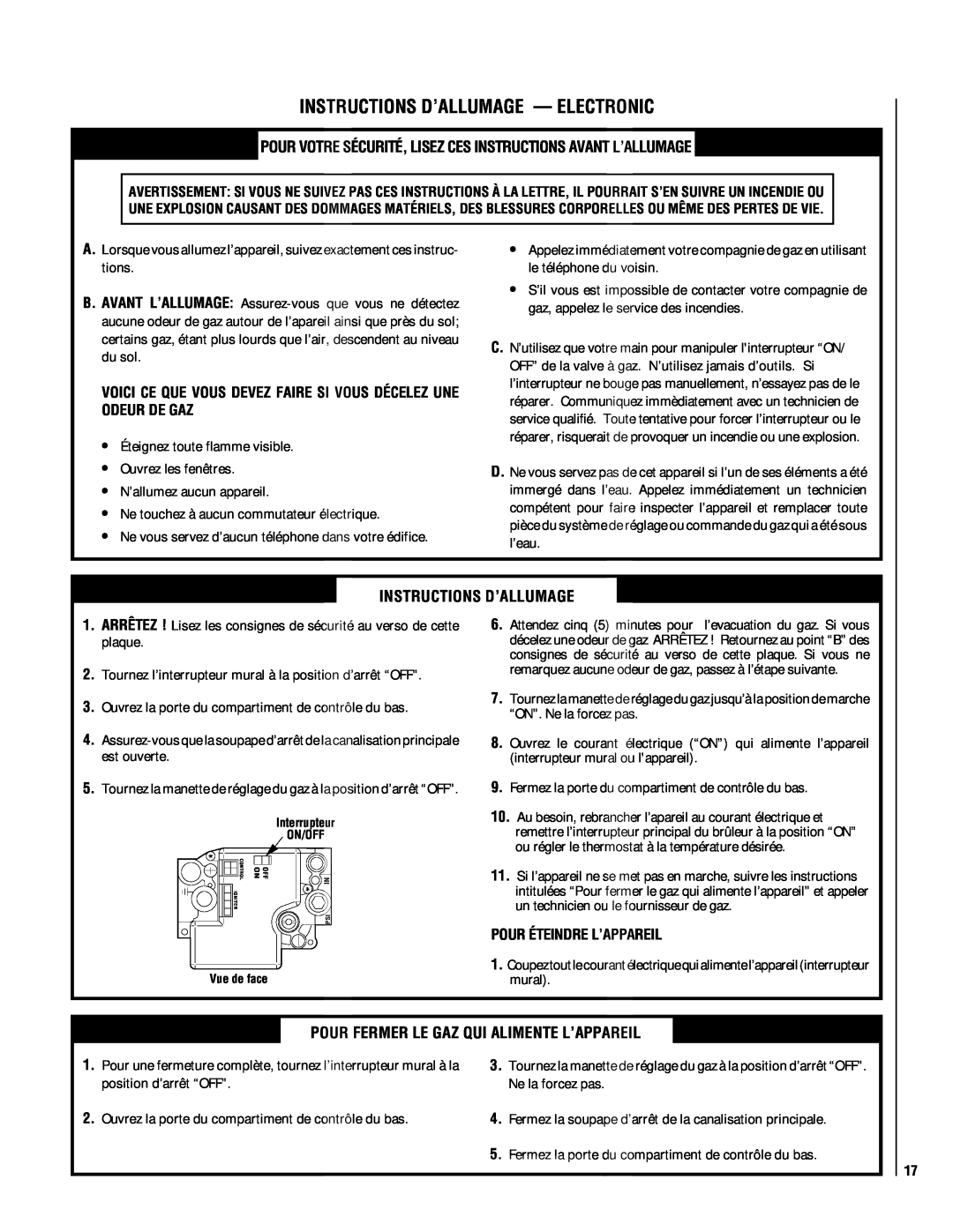 Lennox Hearth EBSTNM-2, EBSTPM-2 manual Instructions D’Allumage — Electronic, Pour Éteindre L’Appareil 