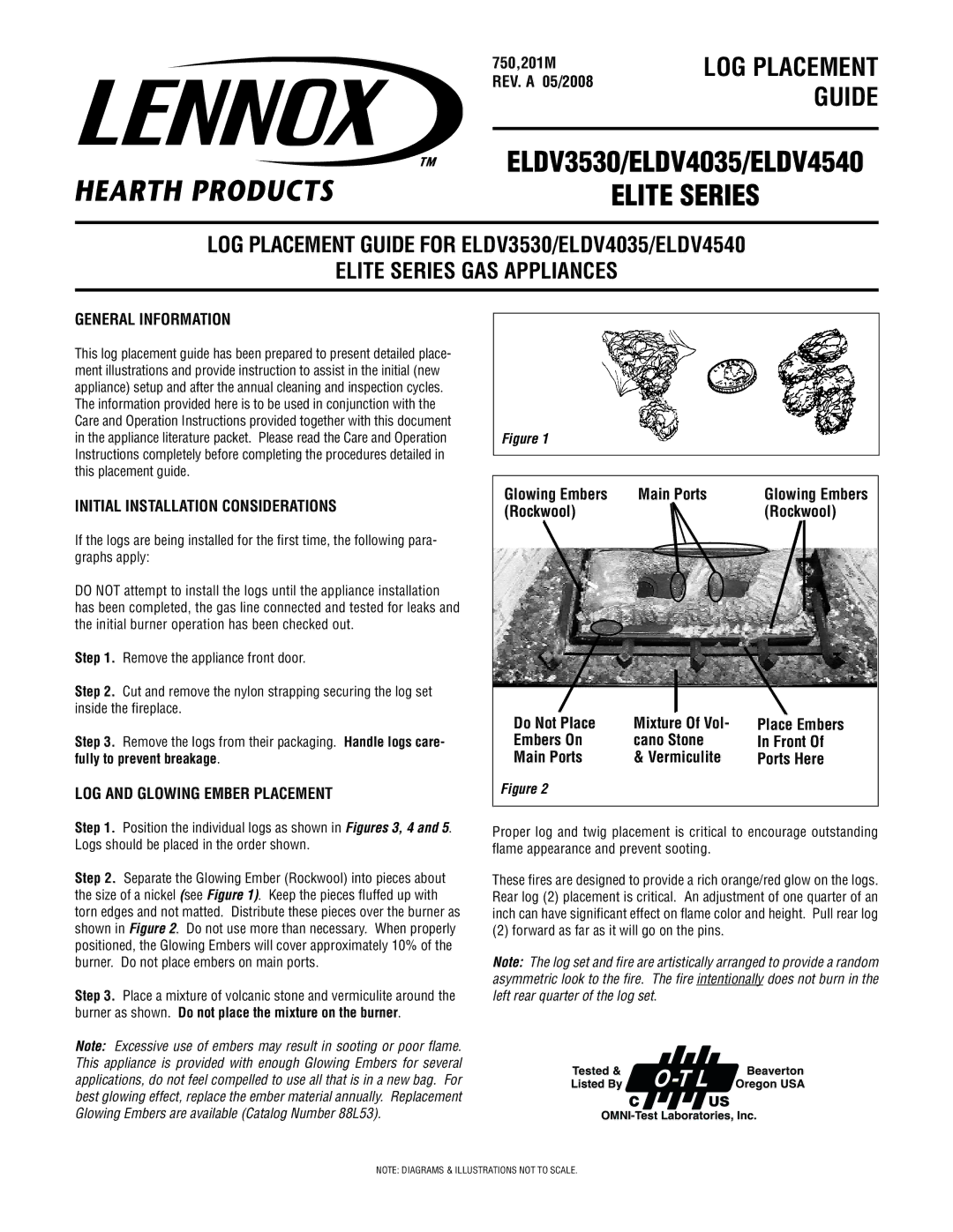 Lennox Hearth ELDV3530, ELDV4035 manual 750,201M REV. a 05/2008, General information, Initial Installation Considerations 