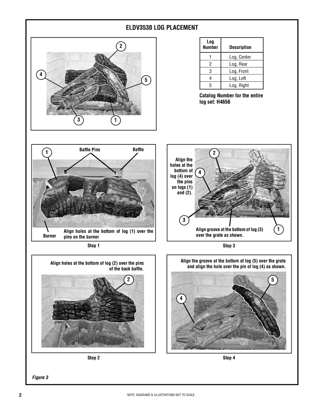 Lennox Hearth ELDV4540, ELDV4035 manual ELDV3530 Log Placement, Catalog Number for the entire log set H4656 