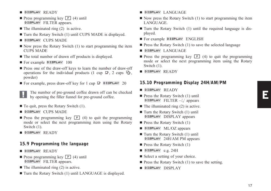 Lennox Hearth F50 manual Programming the language, Programming Display 24H/AM/PM 