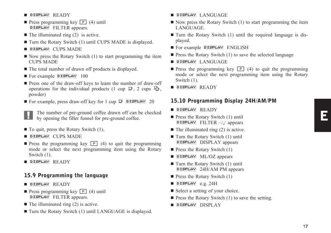 Lennox Hearth F50 manual Programming the language, Programming Display 24H/AM/PM 
