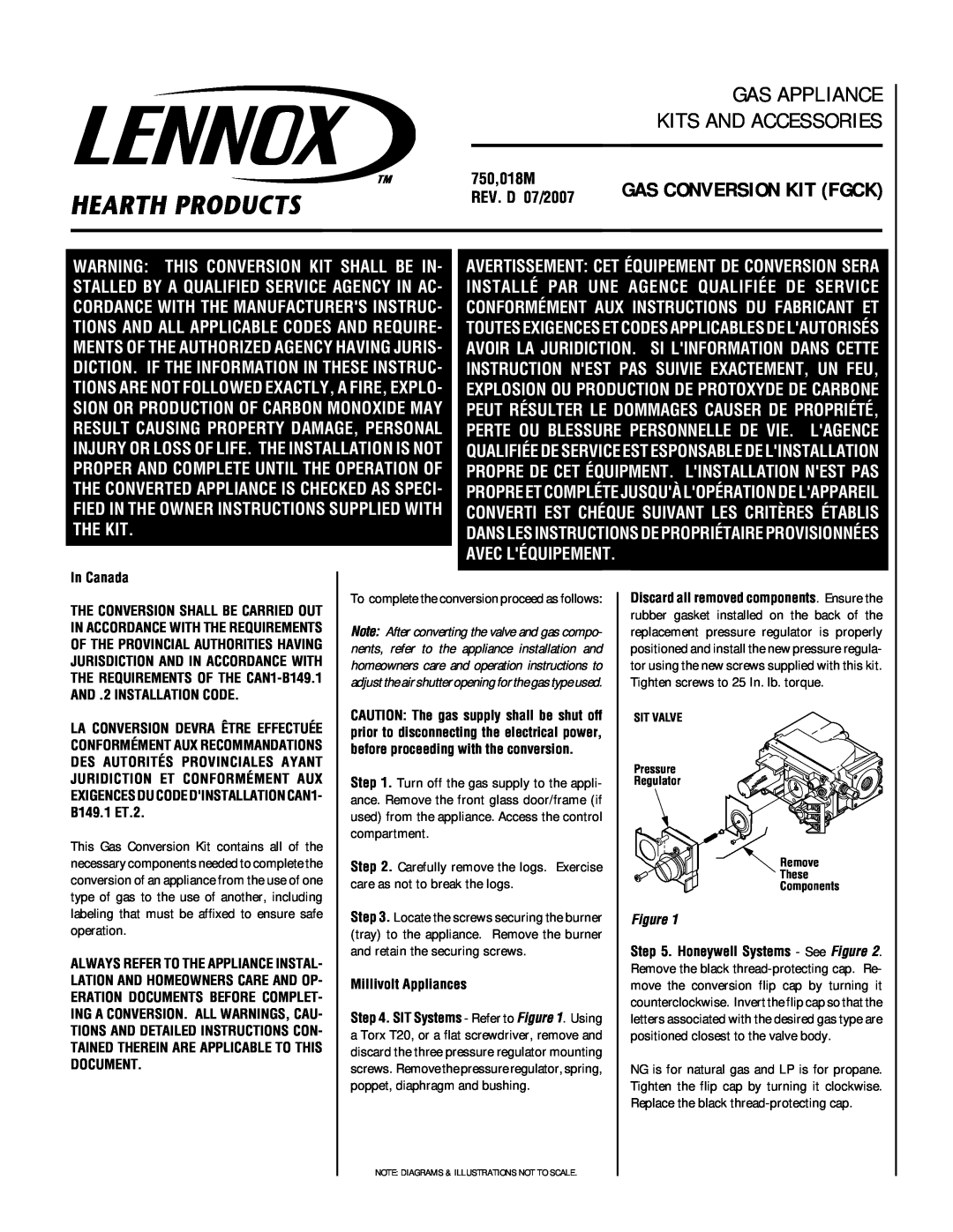 Lennox Hearth FGCK manual In Canada, AND .2 INSTALLATION CODE, Millivolt Appliances, Gas Conversion Kit Fgck 