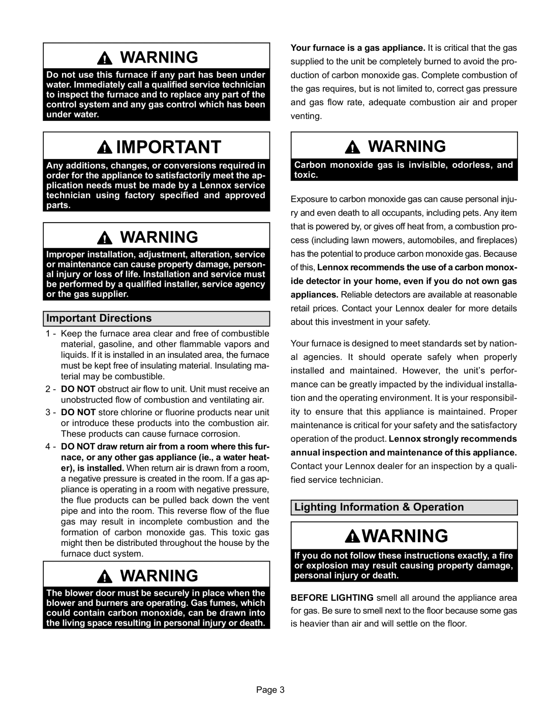 Lennox Hearth G60UHV(X) manual Important Directions, Lighting Information & Operation 